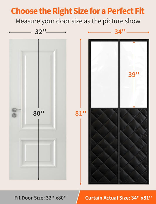 Size guide: clear-window door curtain fits a 32 by 80 inch door, actual size 34 by 81 inches
