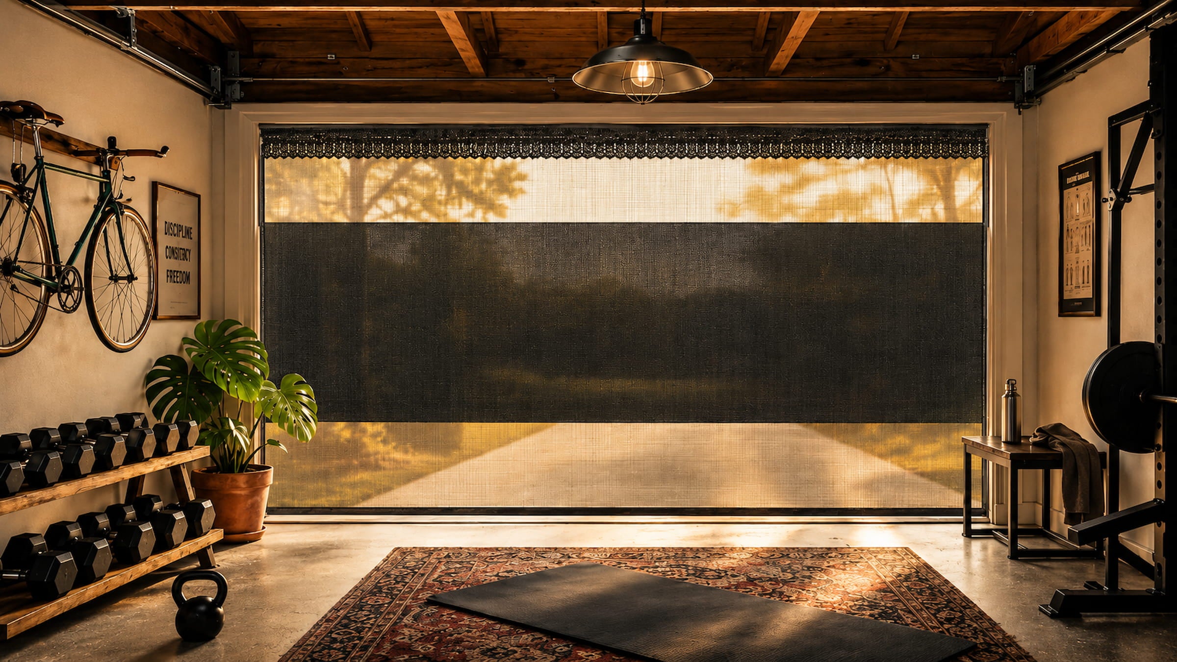Woman sitting in living room behind a Fillis blackout privacy garage screen at dusk