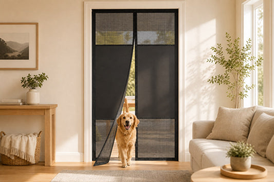 A black magnetic mesh screen door on a doorway beside a bright window
