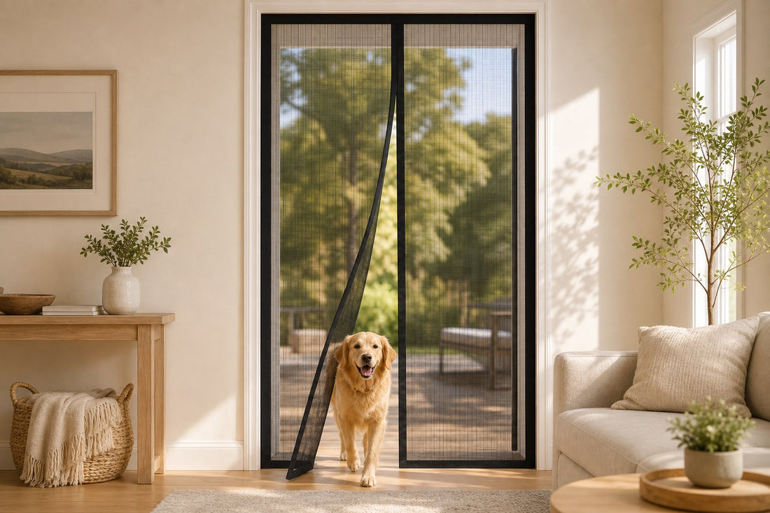 A black magnetic mesh screen door on a sunlit doorway in a stylish living room