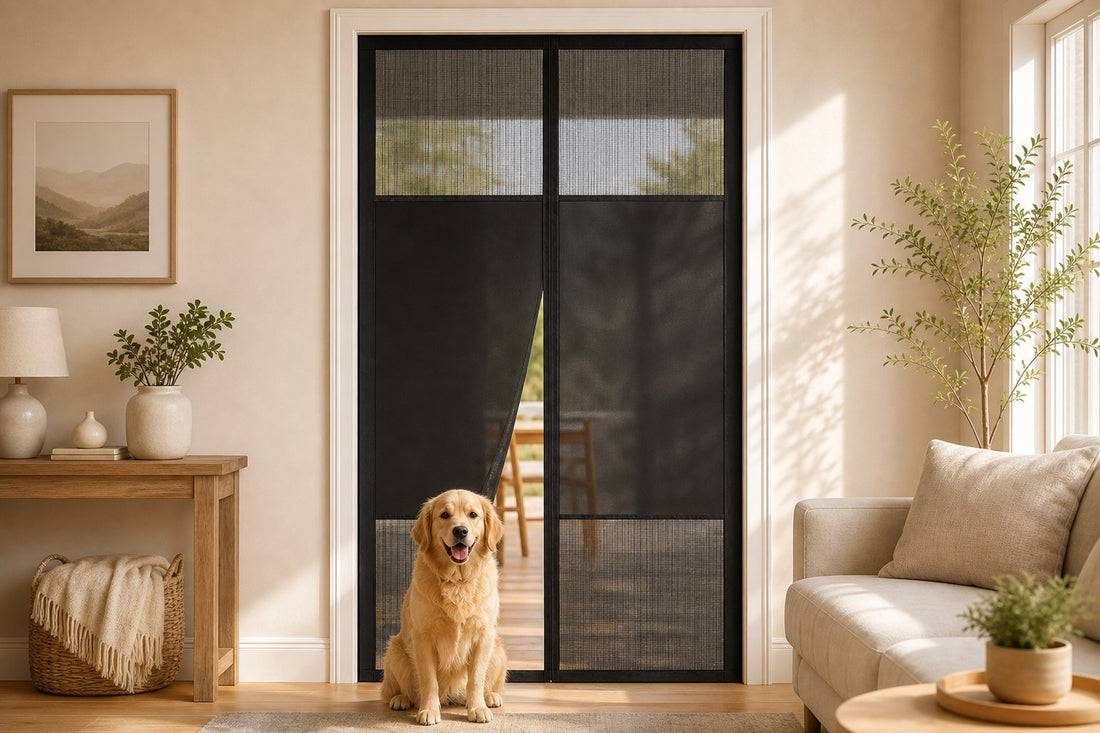 A black magnetic mesh screen door neatly installed on a clean door frame
