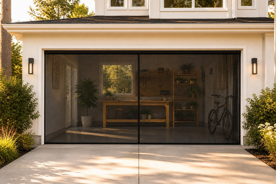 A black magnetic mesh screen covering an open garage doorway