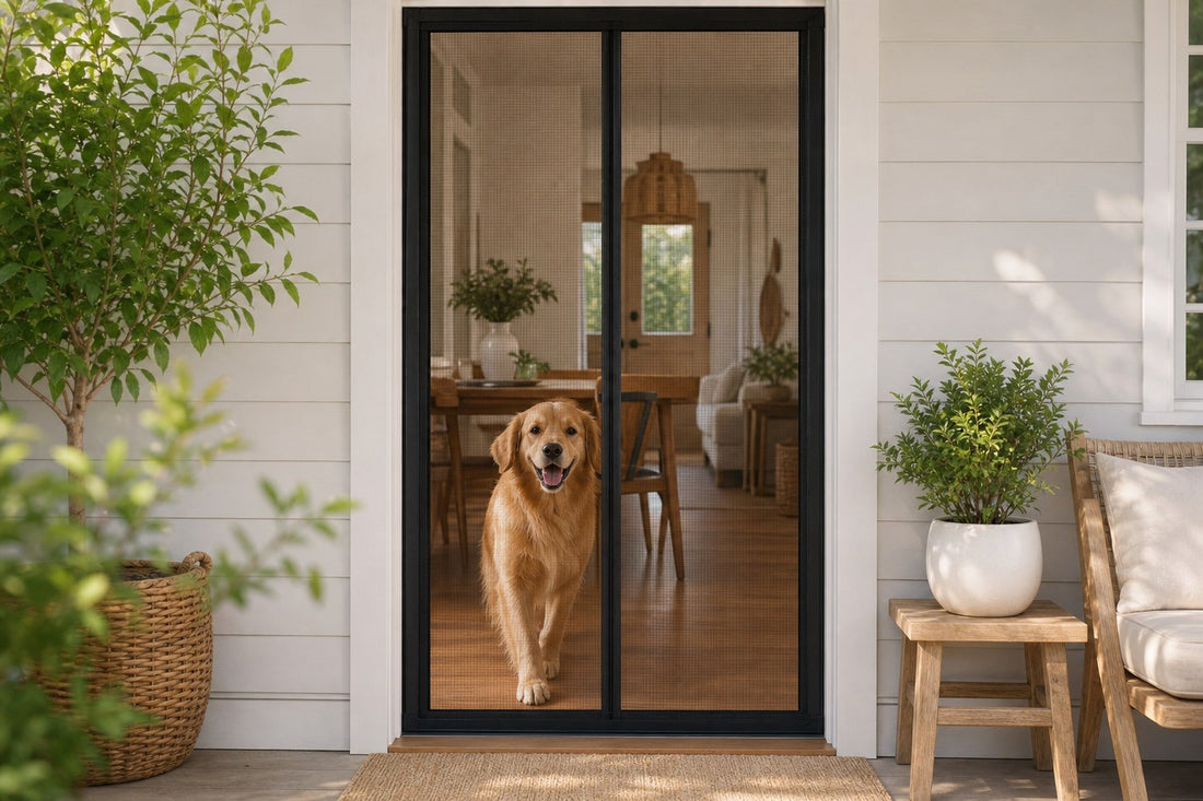 A black magnetic mesh screen door sealing cleanly down the center of a doorway