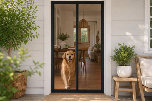 A black magnetic mesh screen door sealing cleanly down the center of a doorway