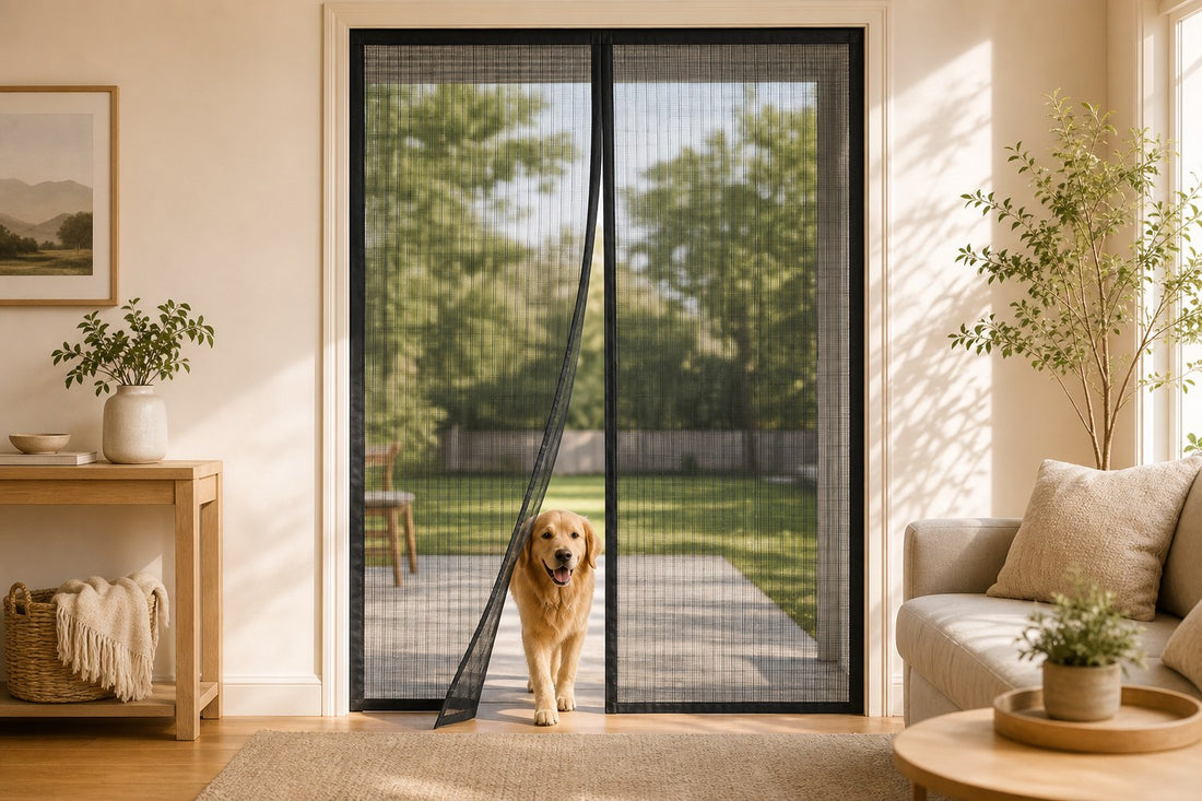 A black magnetic mesh screen door covering a wide sliding patio doorway