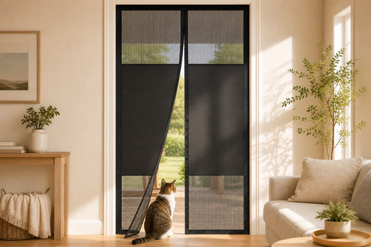 A cat sitting beside a black magnetic mesh screen door at a sunny doorway, looking out to the garden