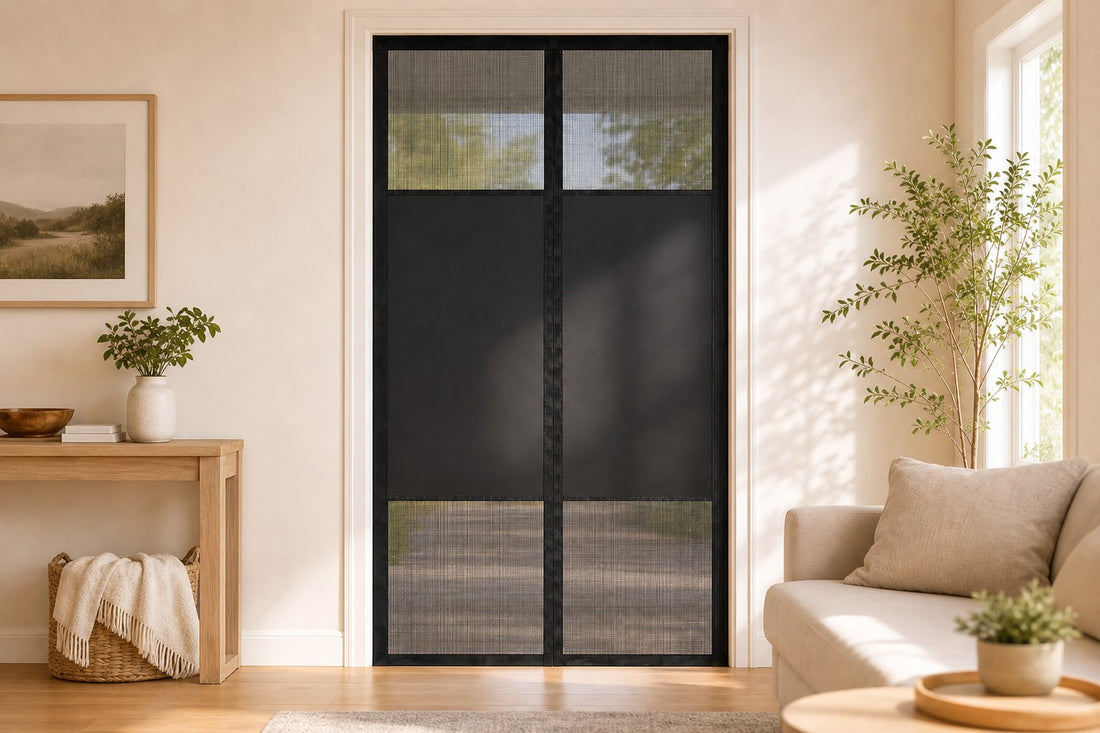 A black magnetic mesh screen door neatly hung on a bright living-room doorway