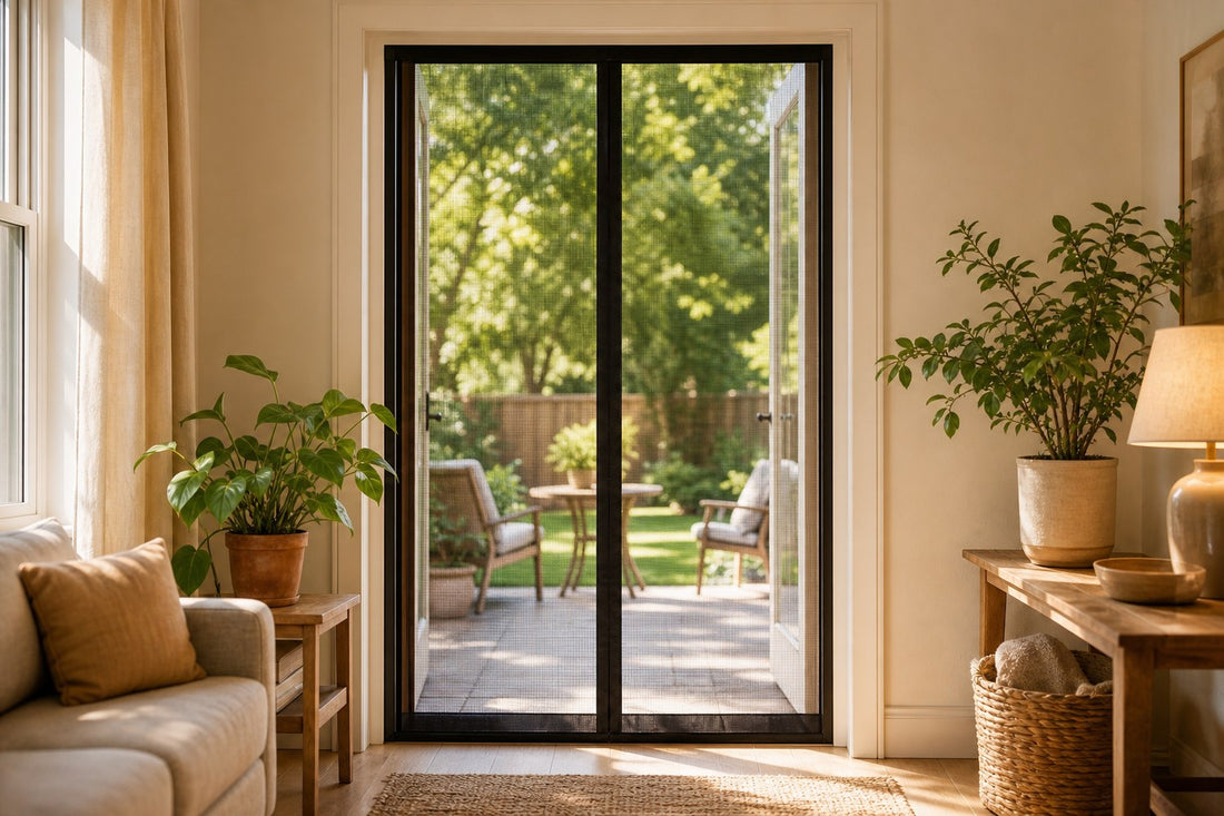 Black magnetic mesh screen door with both panels sealing cleanly down the center, opening to a sunny backyard