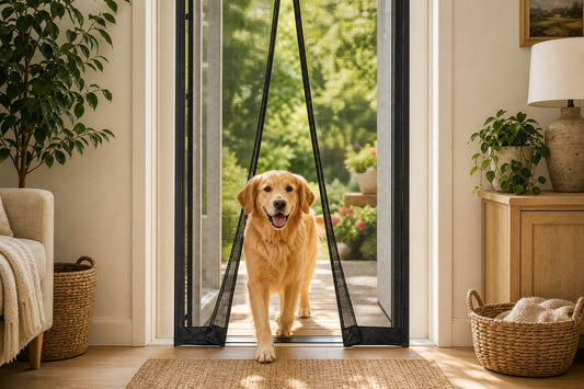 A golden retriever walking through the center of a black magnetic mesh screen door from the garden