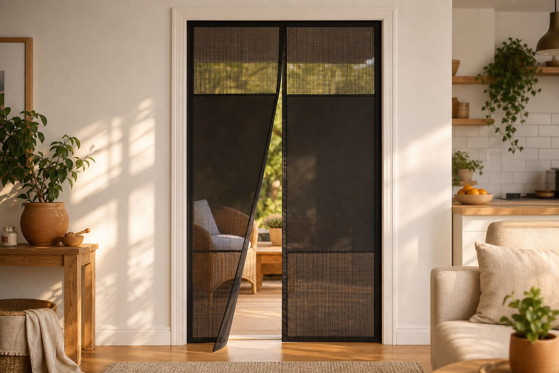 Black magnetic mesh screen door on an apartment doorway in a warm, renter-friendly living room