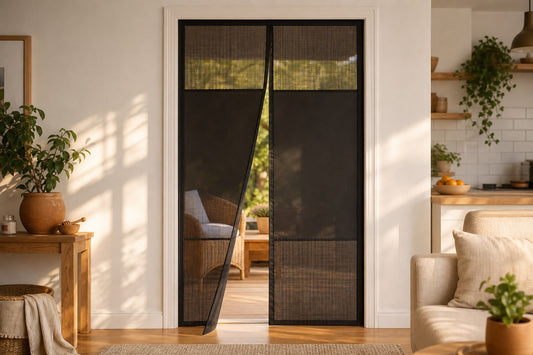 Black magnetic mesh screen door on an apartment doorway in a warm, renter-friendly living room