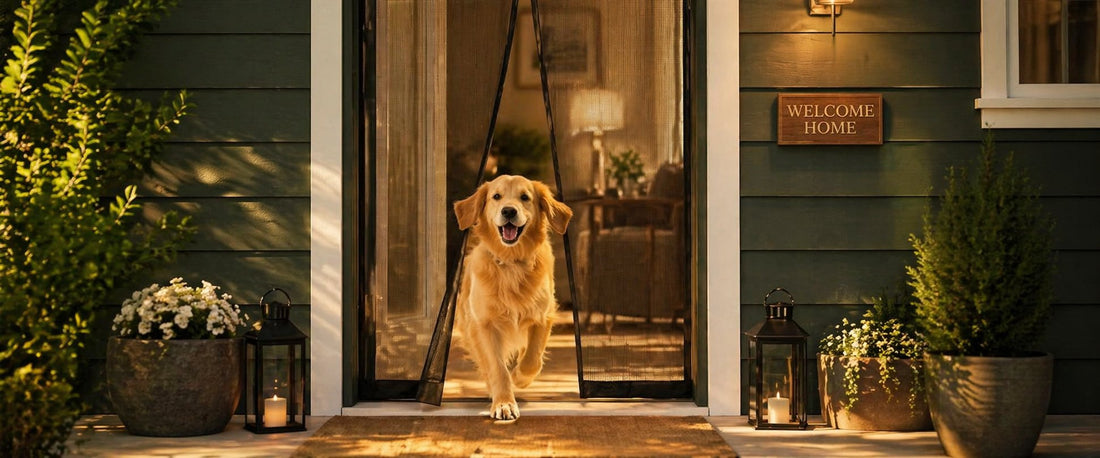 Golden retriever beside a magnetic screen door on a summer afternoon