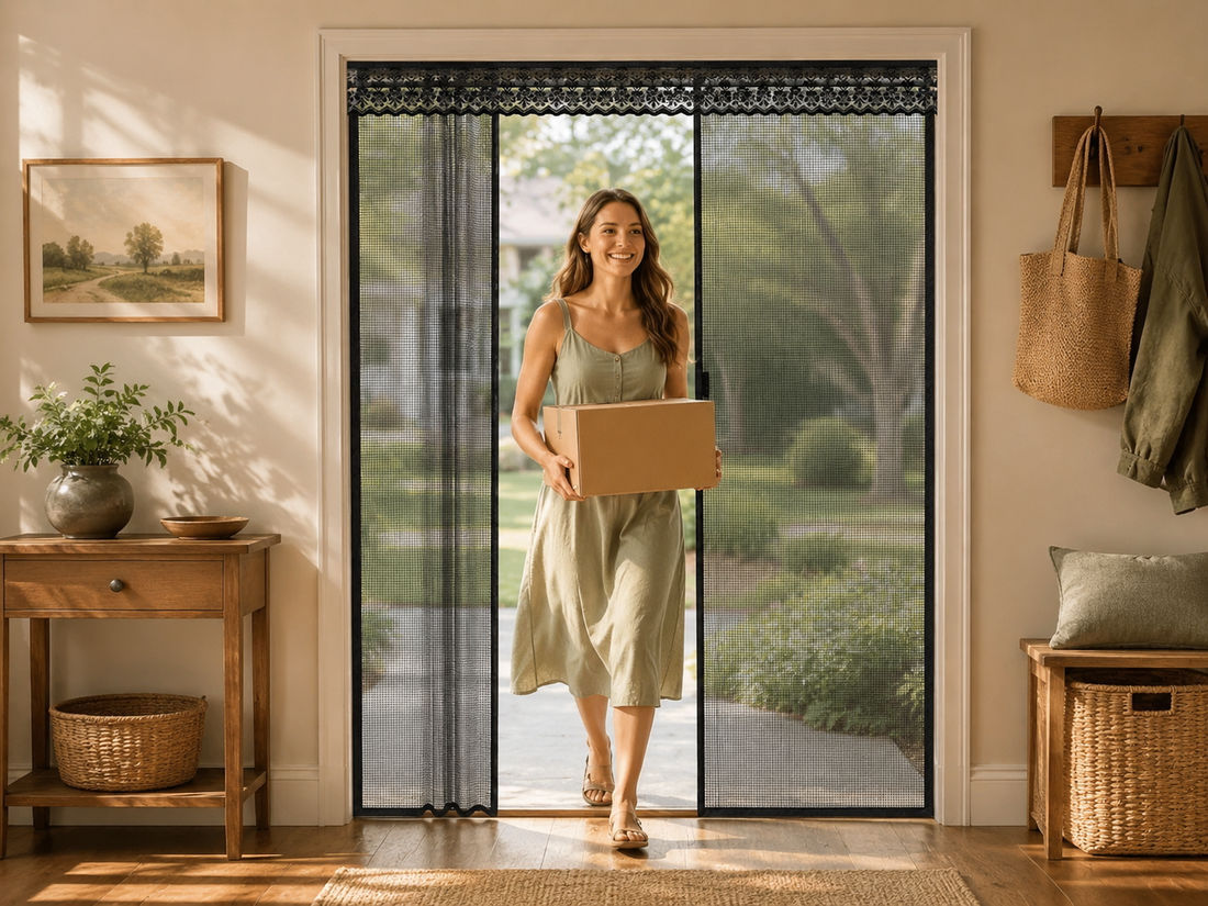 Retractable screen door with slide track for patio and French doors