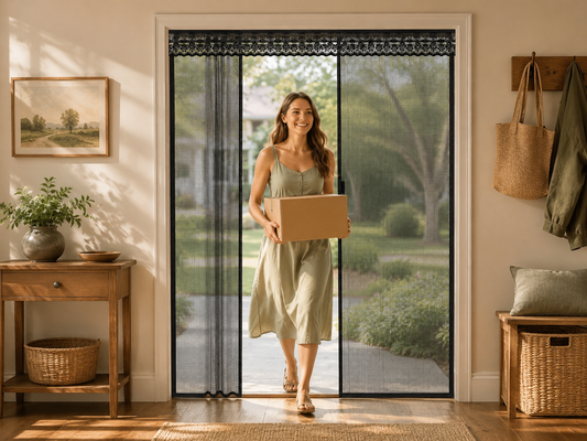 Retractable screen door with slide track for patio and French doors
