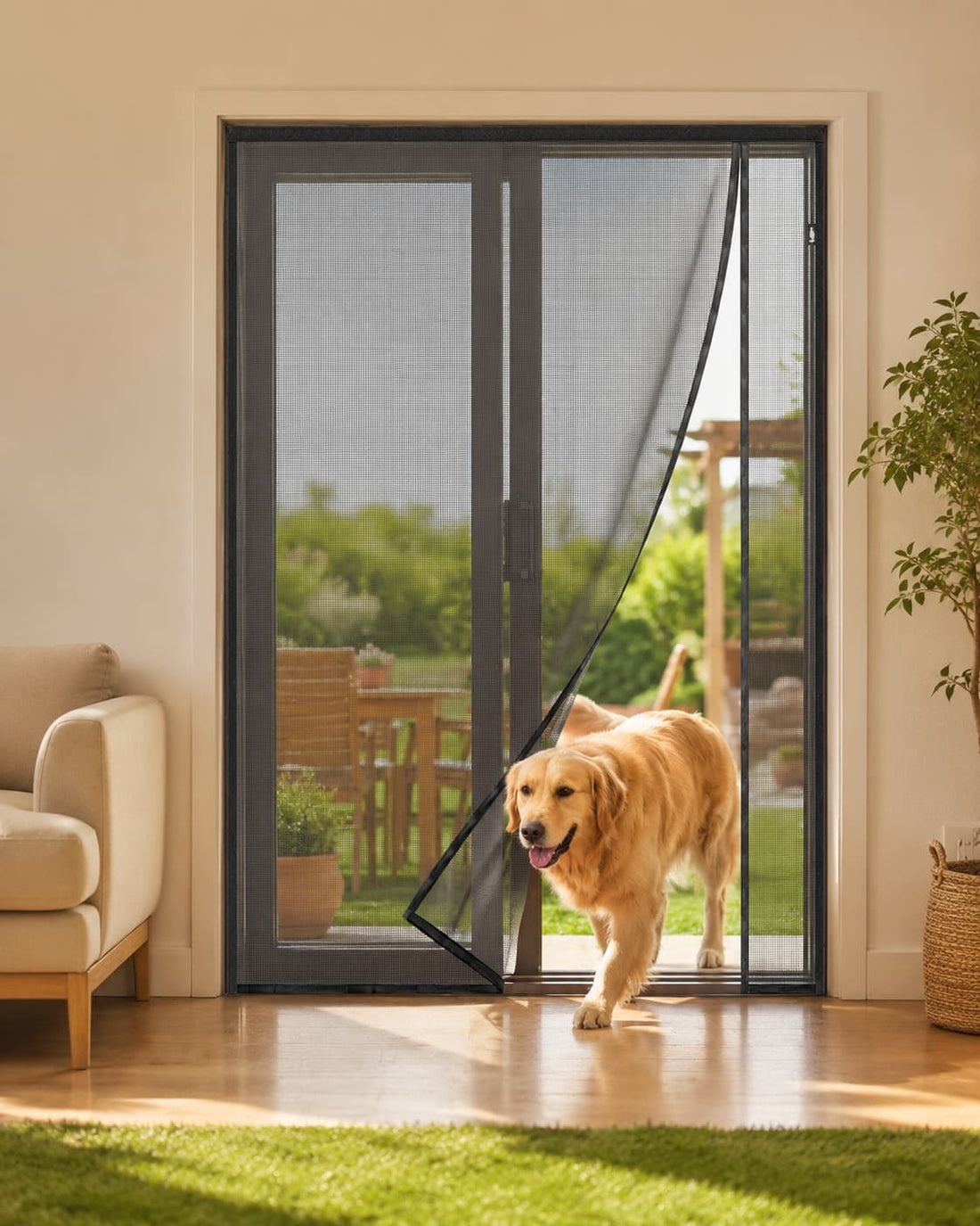 Heavy-duty PET mesh magnetic screen door installed on a patio doorway