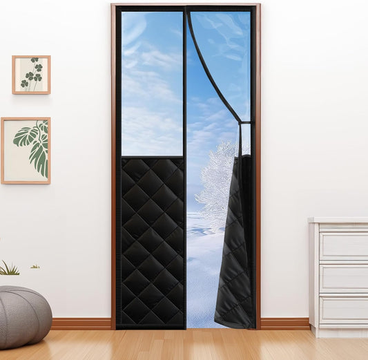 Fillis thermal insulated door curtain with a clear window hung on a doorway, snowy view through the panel