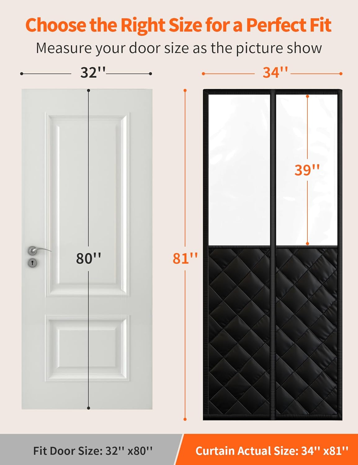 Size guide: clear-window door curtain fits a 32 by 80 inch door, actual size 34 by 81 inches