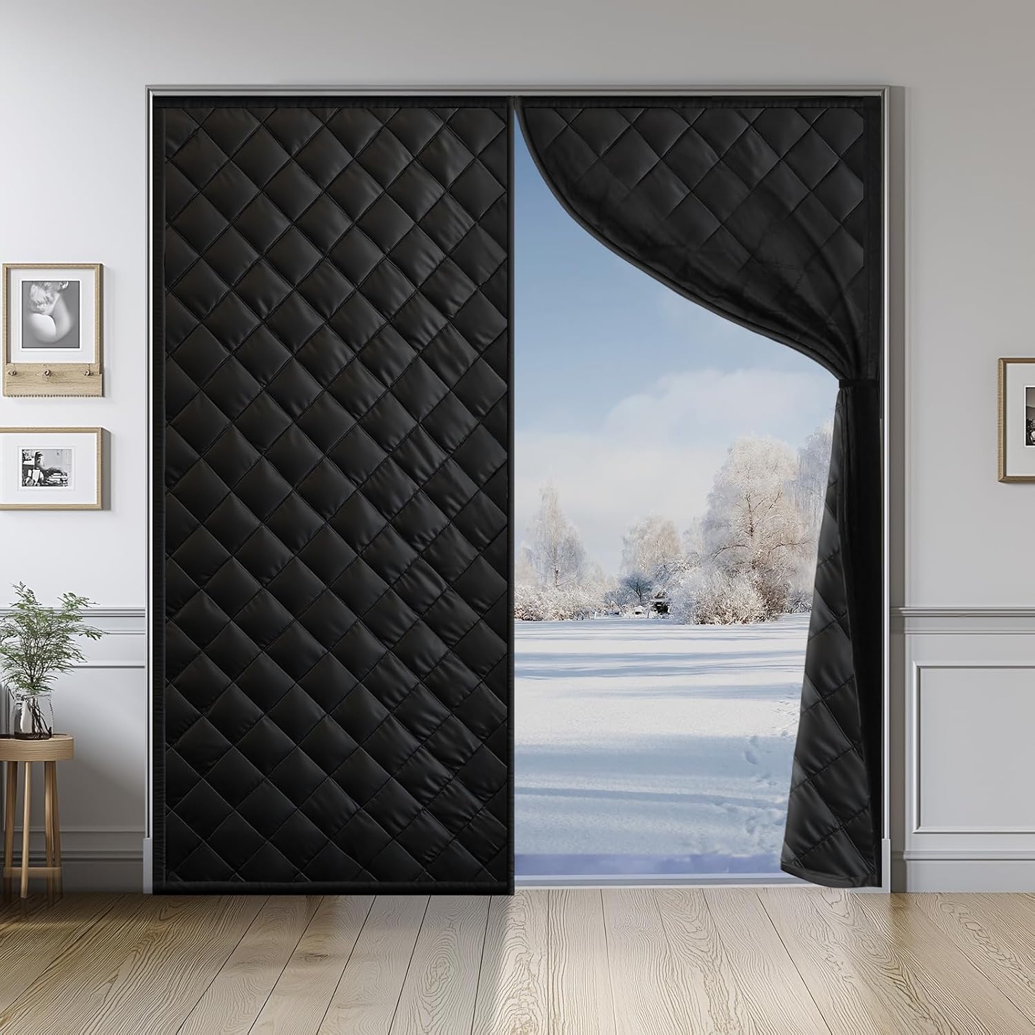 Fillis wide thermal insulated door curtain covering a 72-inch double doorway, open to a snowy view