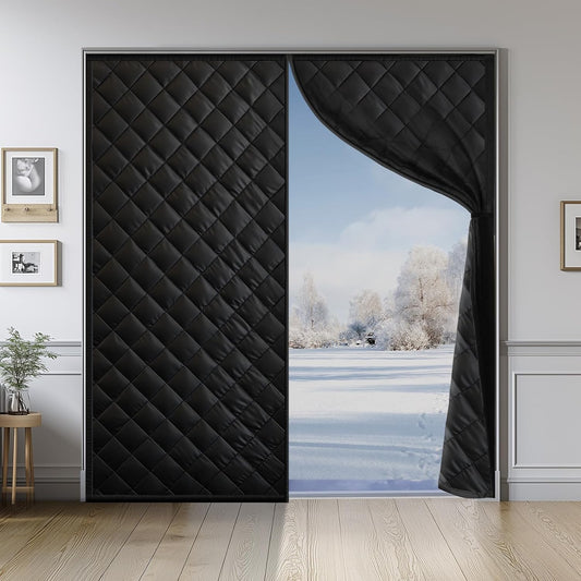 Fillis wide thermal insulated door curtain covering a 72-inch double doorway, open to a snowy view