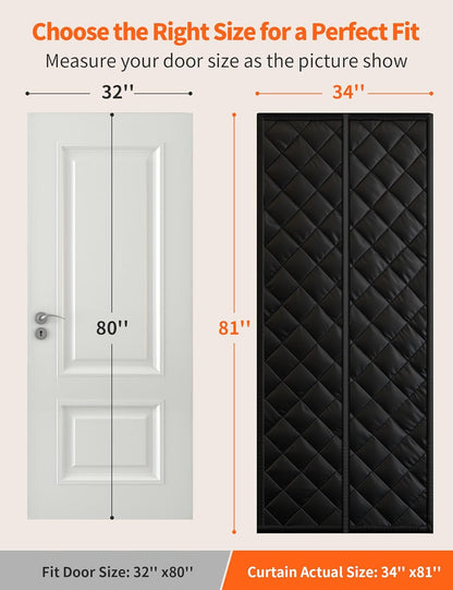 Size guide: thermal door curtain fits a 32 by 80 inch door, actual curtain size 34 by 81 inches