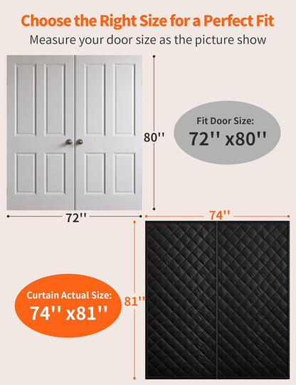 Size guide: wide door curtain fits a 72 by 80 inch double door, actual curtain size 74 by 81 inches