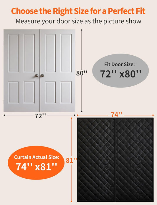 Size guide: wide door curtain fits a 72 by 80 inch double door, actual curtain size 74 by 81 inches