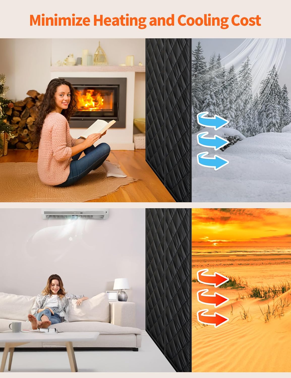 Wide thermal door curtain keeping a room warm in winter and cool in summer, split seasonal scenes