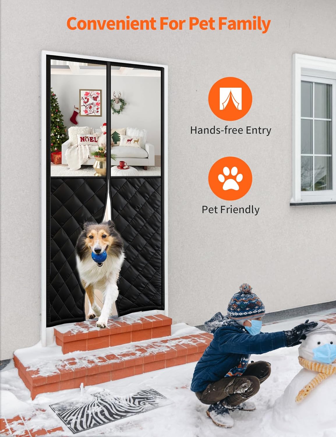 Dog walking hands-free through the clear-window magnetic thermal door curtain, child outside in the snow