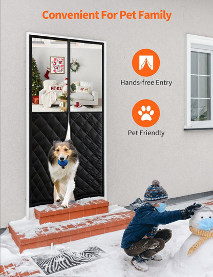 Dog walking hands-free through the clear-window magnetic thermal door curtain, child outside in the snow