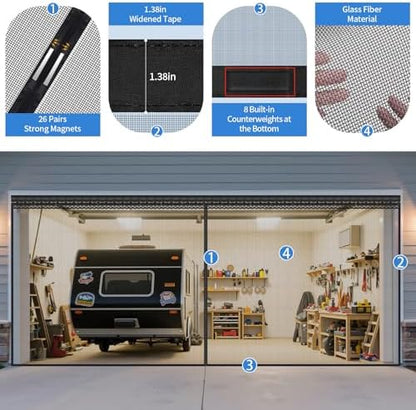 Fillis Sliding Garage Door Screen – Heavy-Duty Magnetic Mesh with Aluminum Track