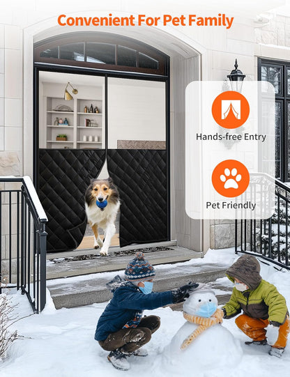 Dog walking hands-free through the wide clear-window thermal door curtain while kids build a snowman