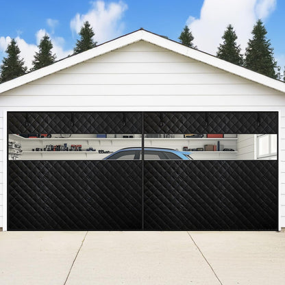 Black thermal insulated curtain covering a two-car garage door on a house exterior