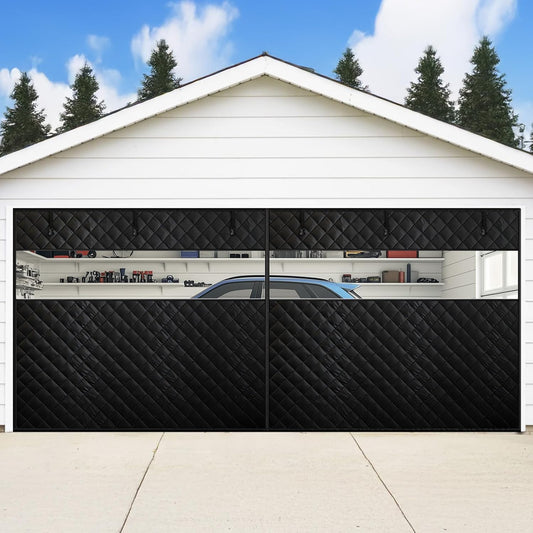 Fillis insulated garage door curtain covering a two-car garage opening on a house exterior