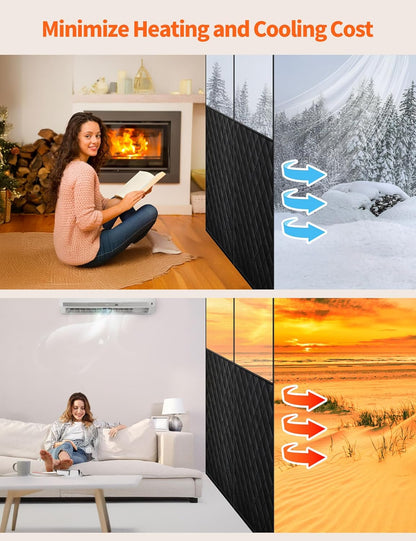 Wide thermal door curtain keeping a room warm in winter and cool in summer, split seasonal scenes