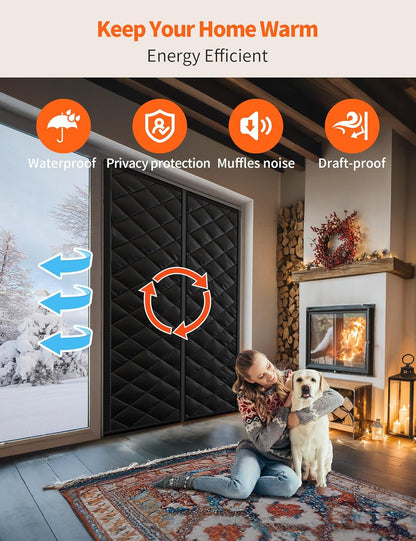Wide thermal door curtain keeping a home warm, with a woman and dog beside a fireplace