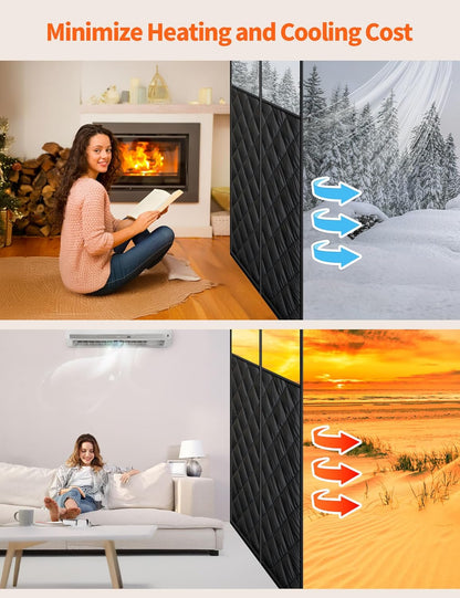 Thermal door curtain keeping a room warm in winter and cool in summer, split seasonal scenes