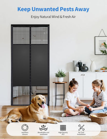 Fillis screen door keeps bugs out while kids and a dog relax inside - breathable high-density PET mesh, no-tool install