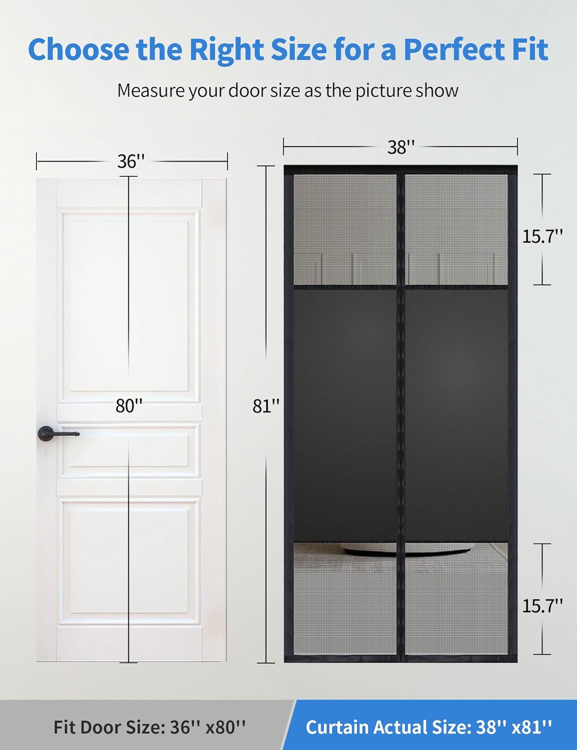 Size diagram: fits 36 x 80 inch doors, actual curtain size 38 x 81 inches, with how to measure your door