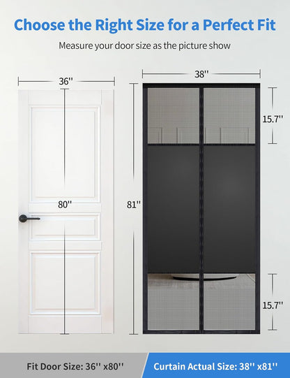Size diagram: fits 36 x 80 inch doors, actual curtain size 38 x 81 inches, with how to measure your door
