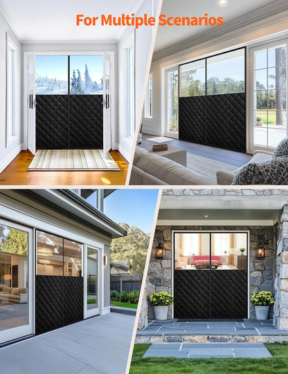 Wide clear-window thermal door curtain shown on bedroom and garage doorways