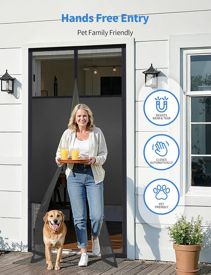 Hands-free entry: woman carrying a tray walks through the self-closing magnetic screen door with her dog