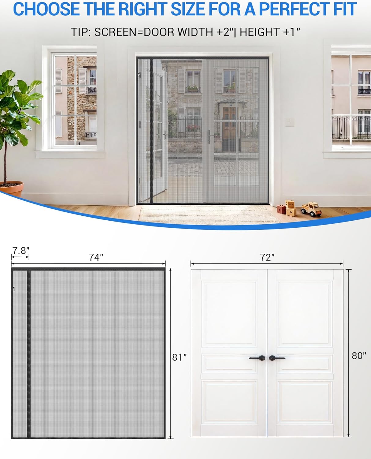 Fillis Magnetic Screen Door 72×80 – Reversible Side-Opening Mesh for Double & French Doors