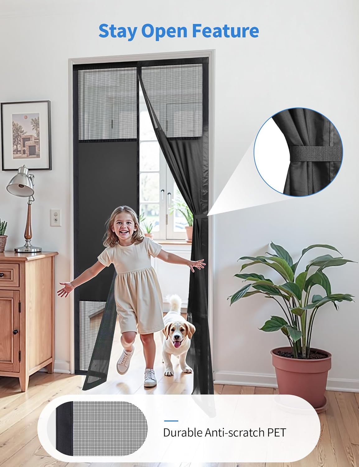 Stay-open feature: screen panel tied back with the built-in strap as a child and puppy run through the doorway