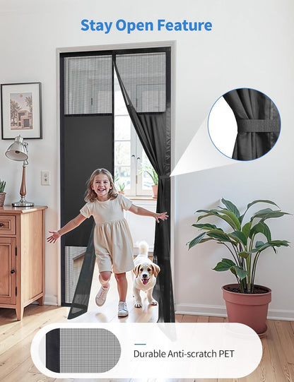 Stay-open feature: screen panel tied back with the built-in strap as a child and puppy run through the doorway