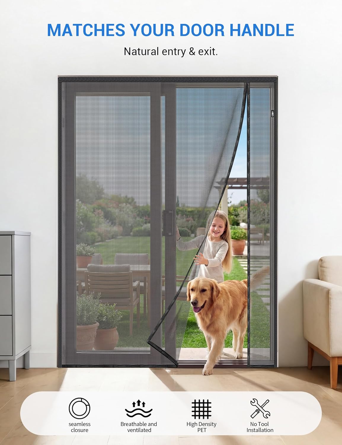 Fillis Magnetic Screen Door 72×80 – Reversible Side-Opening Mesh for Double & French Doors