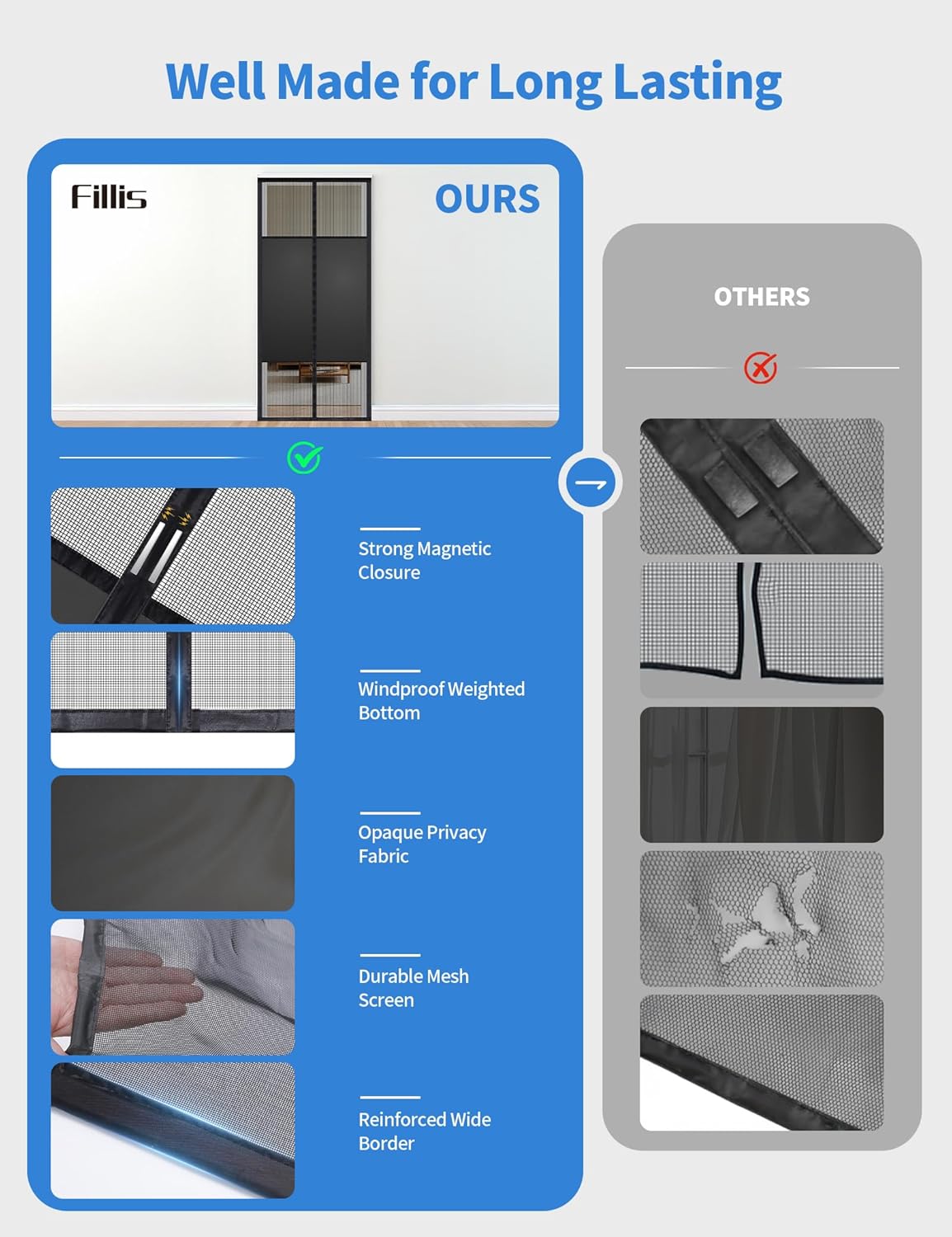Fillis build quality vs others: strong magnetic closure, windproof weighted bottom, opaque privacy fabric, reinforced border