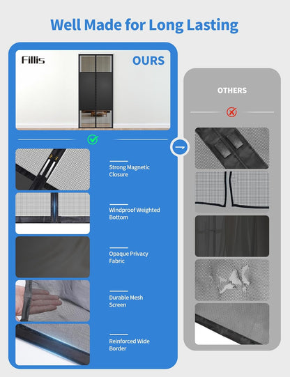 Fillis build quality vs others: strong magnetic closure, windproof weighted bottom, opaque privacy fabric, reinforced border