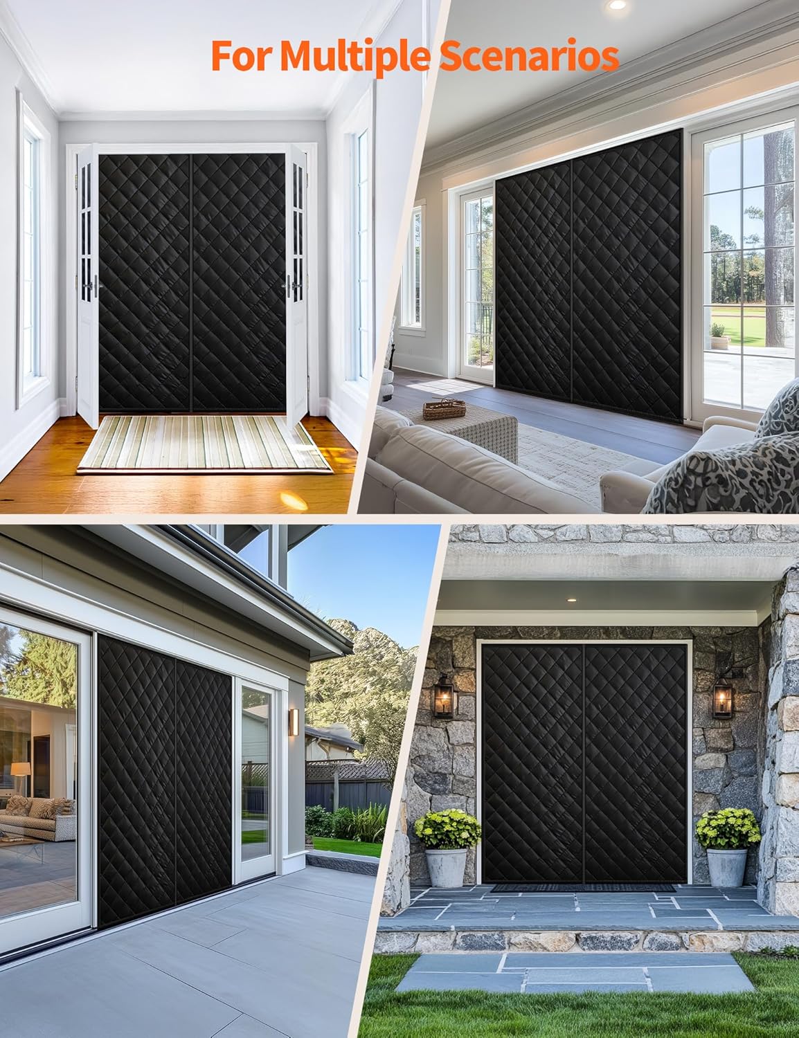 Wide thermal door curtain shown on living-room and garage doorways
