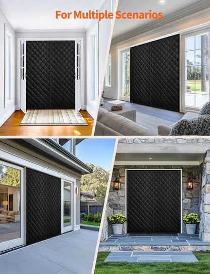 Wide thermal door curtain shown on living-room and garage doorways