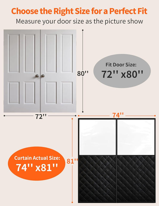 Size guide: wide clear-window door curtain fits a 72 by 80 inch door, actual size 74 by 81 inches